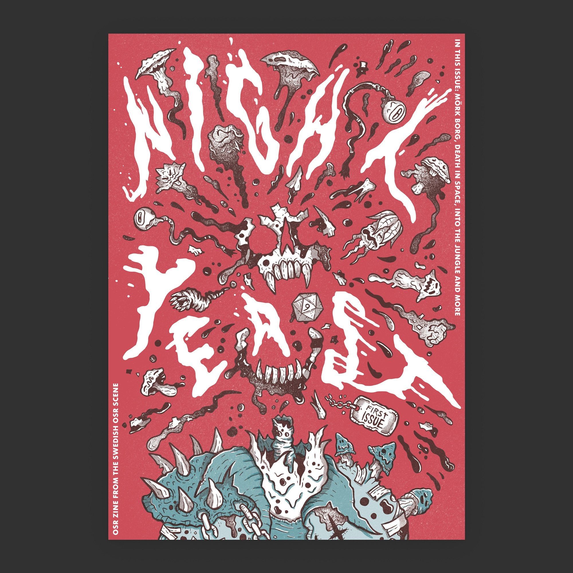 Night Yeast an OSR Zine from the Sweidsh OSR Scene, Mork Borg, Death in Space, Into the Jungle, and more. Cover by skullfungus. Risograph 1st issue