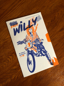 Cover of Free Willy supplement zine for ALT NYC 88 table top role playing game. There is a person with long heair on a motorbike with a gun strapped to their back.