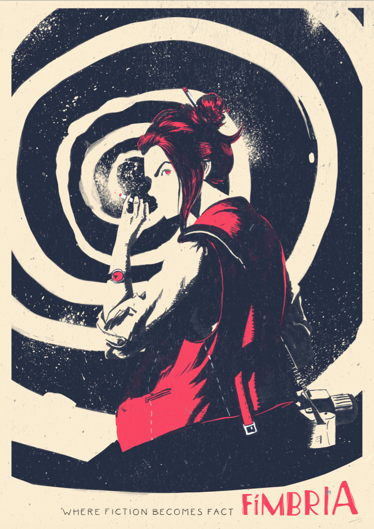 A woman smokes a cigarette while looking back over her shoulder suspiciously, she has a camera draped over her shoulder. There is a swirl descending behind her as the background. The bottom of the cover states, Where Fiction Becomes Fact Fimbria